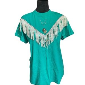 VTG 70's Western turquoise‎ fringe shirt with silver detail size M by Hazelwoods